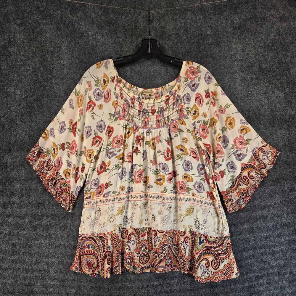 Democracy Floral Paisley Smocked Blouse Womens Size‎ Small Boho Peasant Cottage